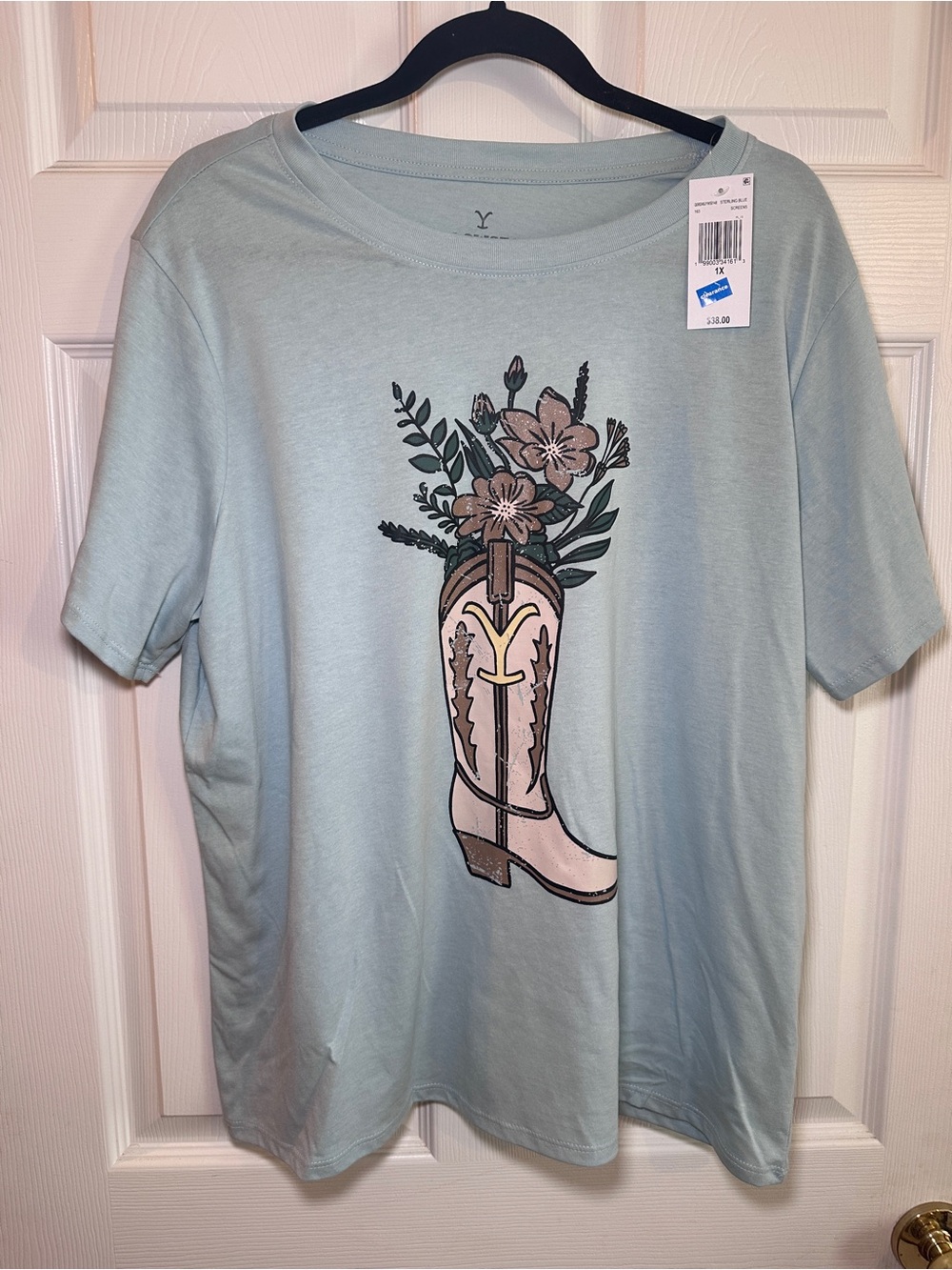 Women's Light Blue Floral Cowboy Boot Graphic Tee